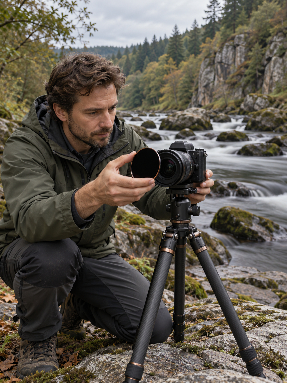 Fotograf připravuje ND filtr před nasazením na fotoaparát upevněný na stativu