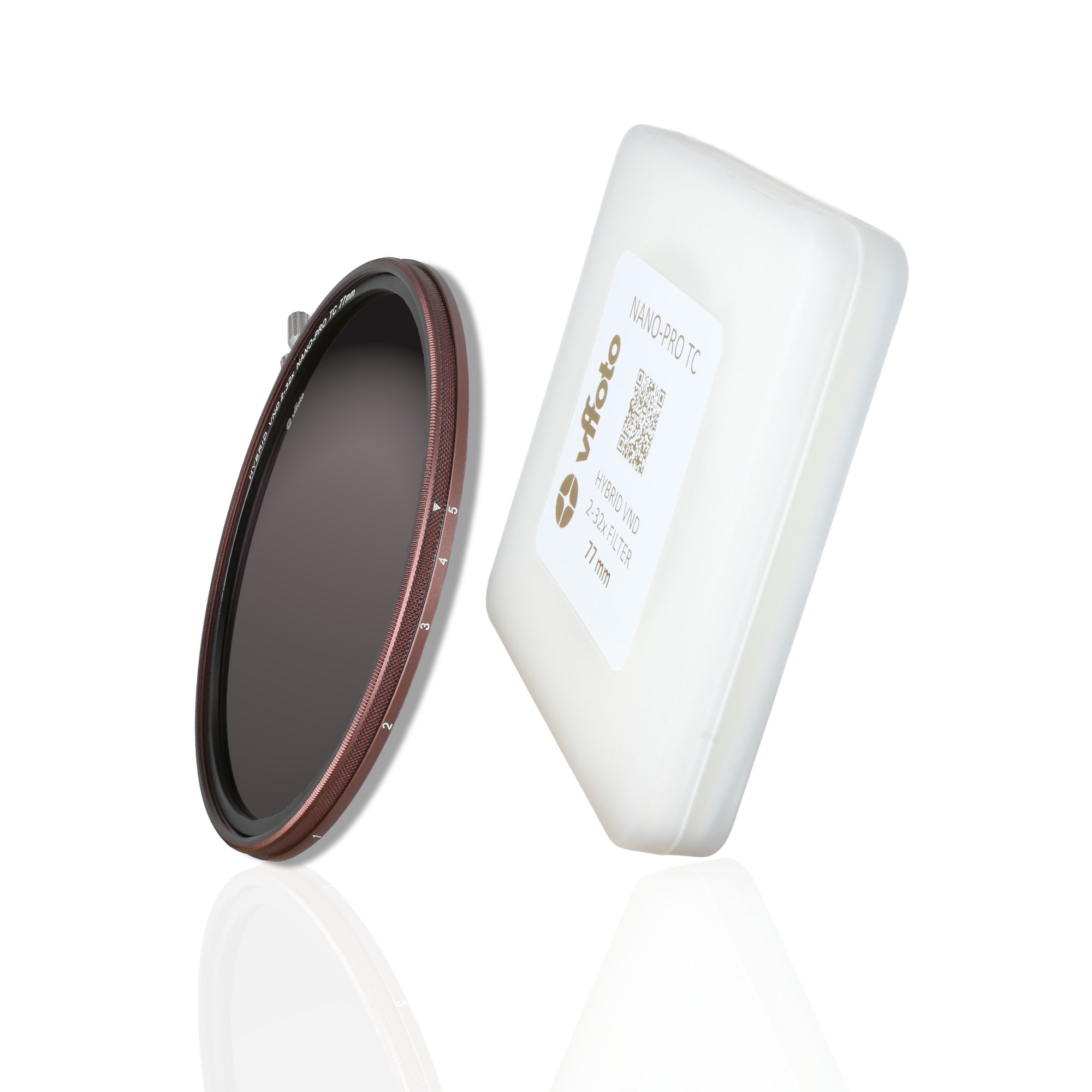 Obsah balení VFFOTO hybridního variabilního ND filtru 2–32× NANO-PRO TC 77 mm